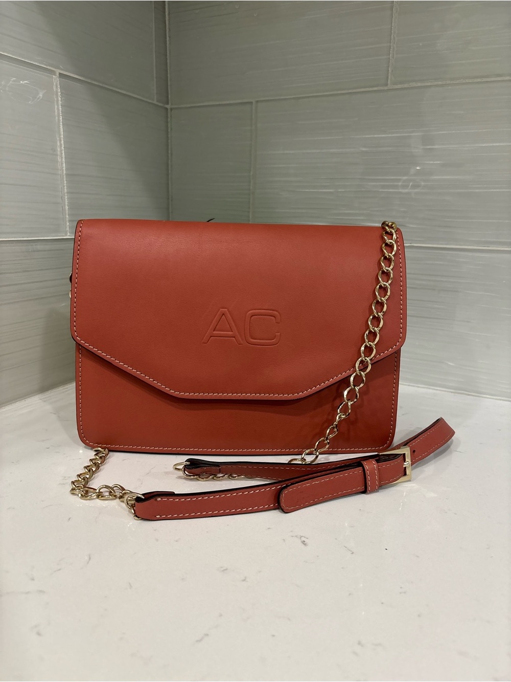 Anna Cori Rossa Vitello Leather Crossbody Bag Terracotta Rust Red Italy Design